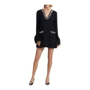 Cinq à Sept Kas Embellished Bouclé Feather Cuff Mini Dress Black Size 6